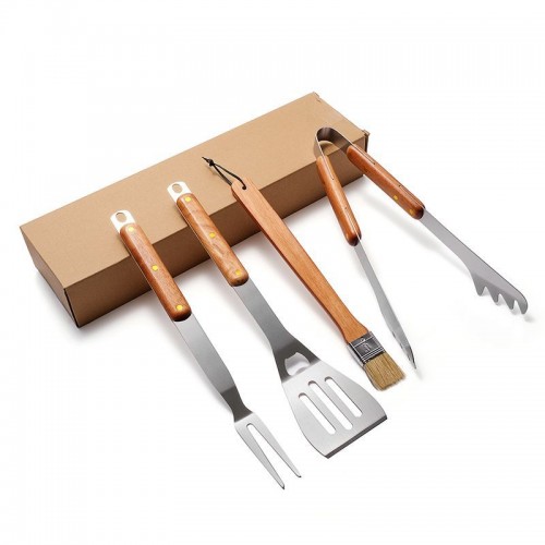 4-Piece BBQ Tool Set With Wooden Handle 4-Piece BBQ Tool Set With Wooden Handle